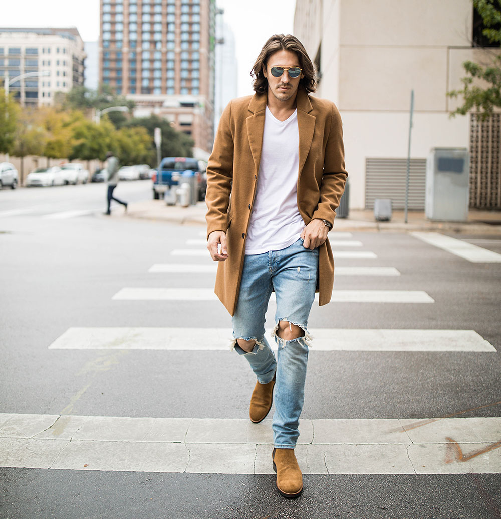 Men's Camel Coat With Distressed Denim and Brown Suede Chelsea Boots 2